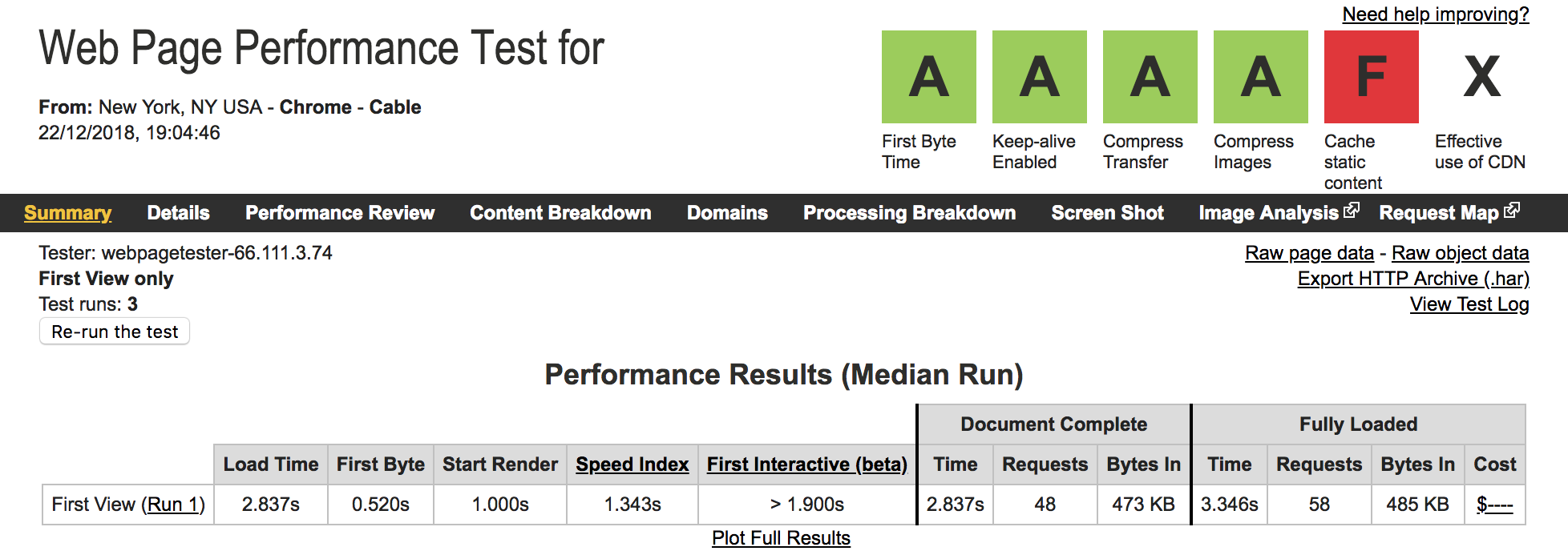 SiteGround Speed Test on SiteGround WebPageTest