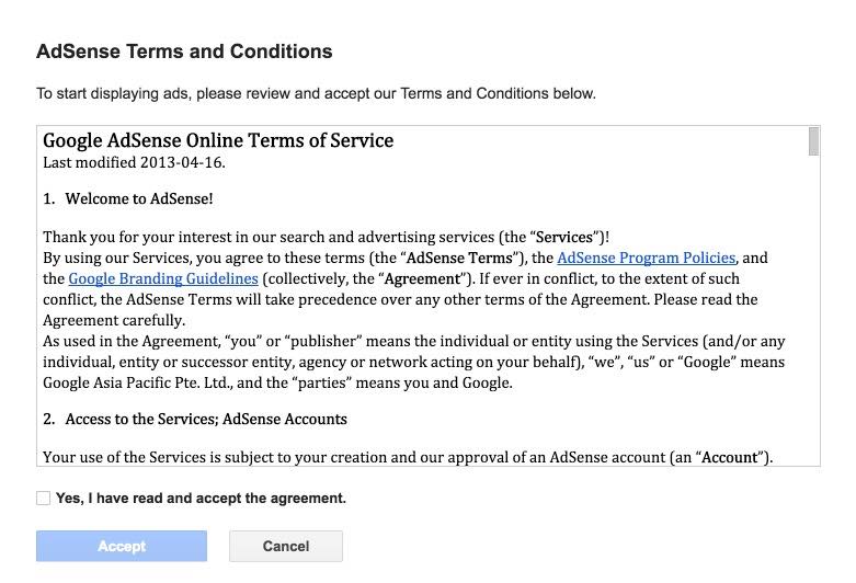 Adsense Terms and Conditions Window