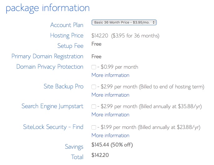 Bluehost Checkout Total