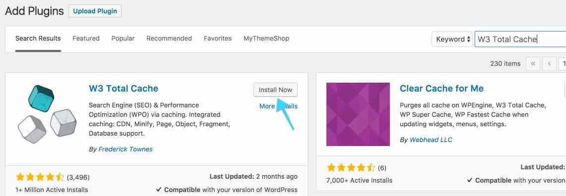 Install W3 Total Cache from Add Plugin page