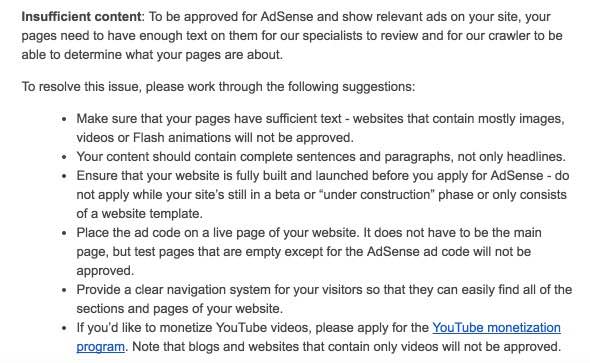 Insufficient content message - Adsense