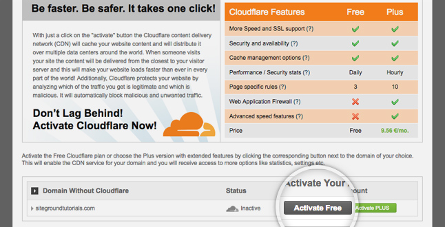 Activate CloudFlare on SiteGround