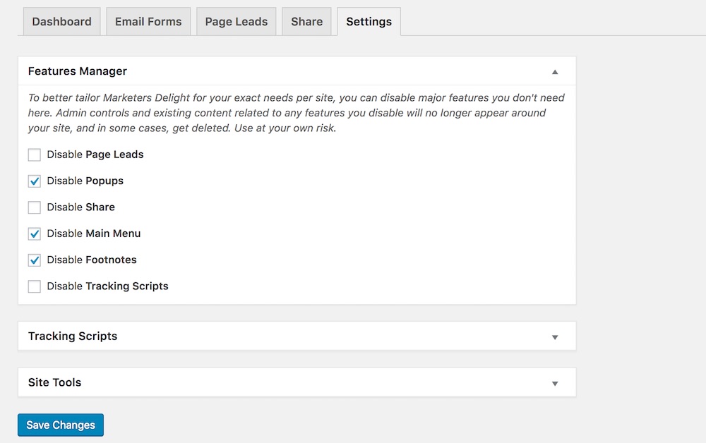 Marketers Delight Settings Page