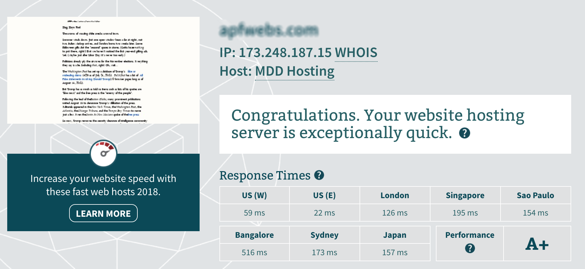 MDDHosting Server Response Time