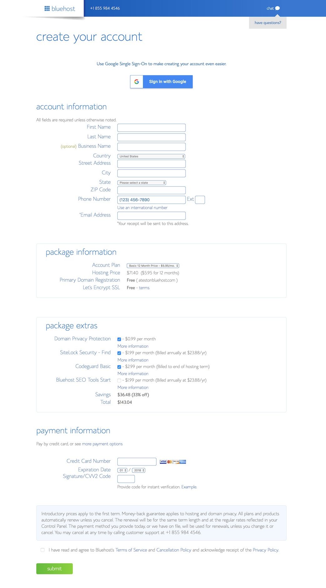 Bluehost account details