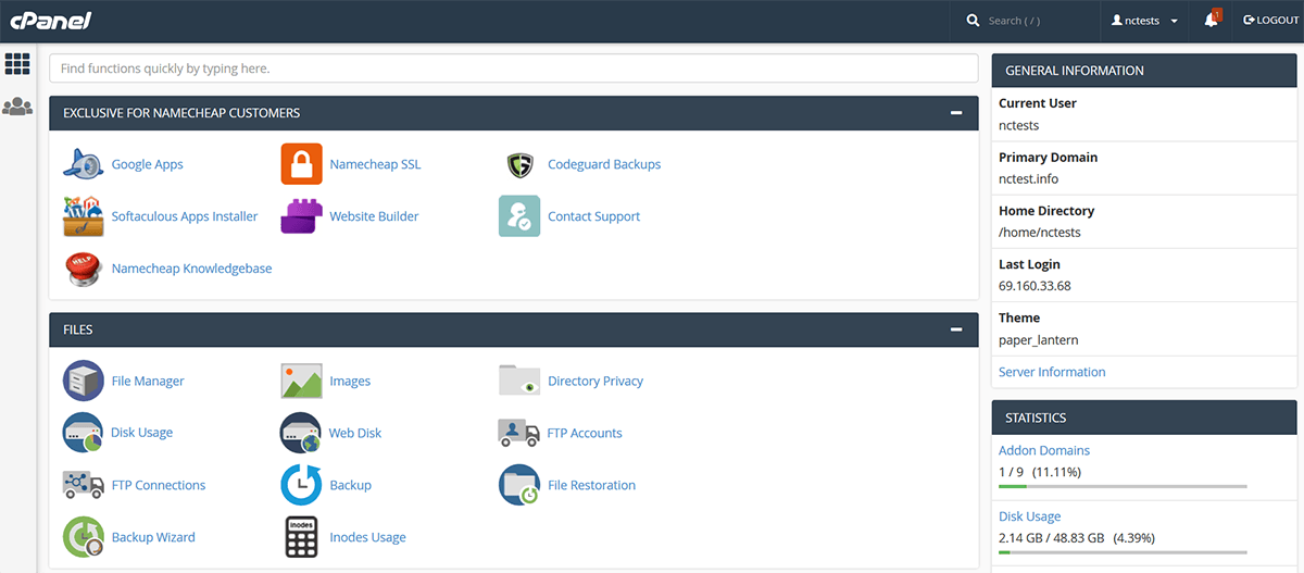 Namecheap cPanel